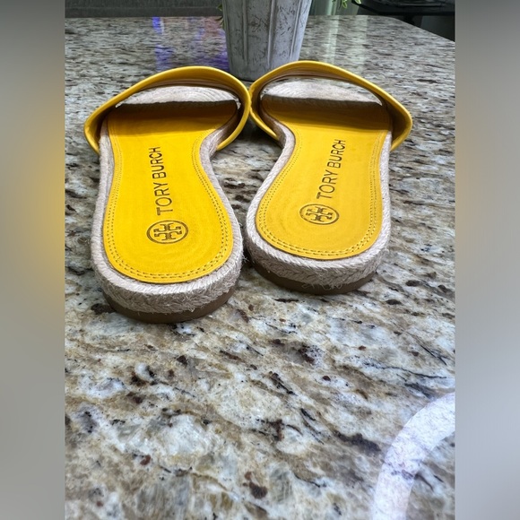 Tory Burch T Monogram Yellow Espadrille Slides 7.5M. - Picture 8 of 10